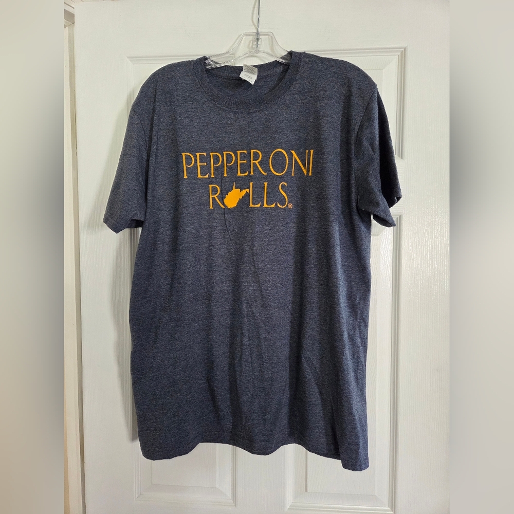 Gildan Navy Heather "Pepperoni Rolls" Short Sleeve Tee - Yellow Logo Large